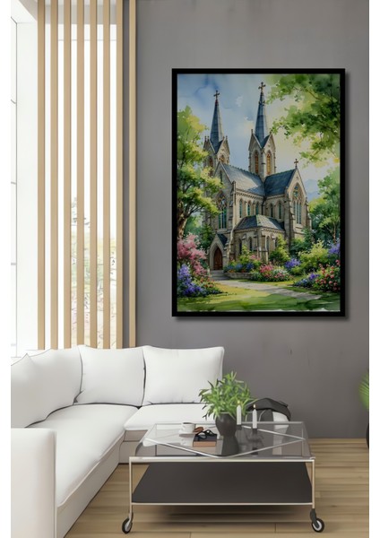 Çerçeve Görünümlü Gotik Katedral Sulu Boya Görünümlü Dekoratif Ahşap Ev/işyeri/ofis Kare Tablo