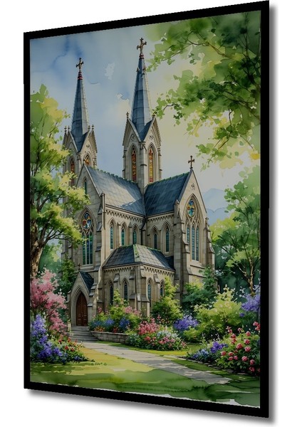 Çerçeve Görünümlü Gotik Katedral Sulu Boya Görünümlü Dekoratif Ahşap Ev/işyeri/ofis Kare Tablo fiyatları