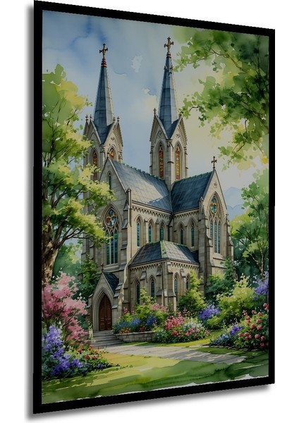 Çerçeve Görünümlü Gotik Katedral Sulu Boya Görünümlü Dekoratif Ahşap Ev/işyeri/ofis Kare Tablo modelleri