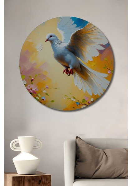 Beyaz Güvercin ve Bahar Çiçekleri Yağlı Boya Görünümlü Dekoratif Ahşap Ev/işyeri/ofis Tablo