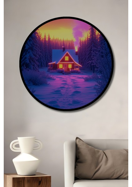 Çerçeve Görünümlü Kış Masalı Ev Pastel Boya Görünümlü Dekoratif Ahşap Dekoratif Ofis Yuvarlak Tablo