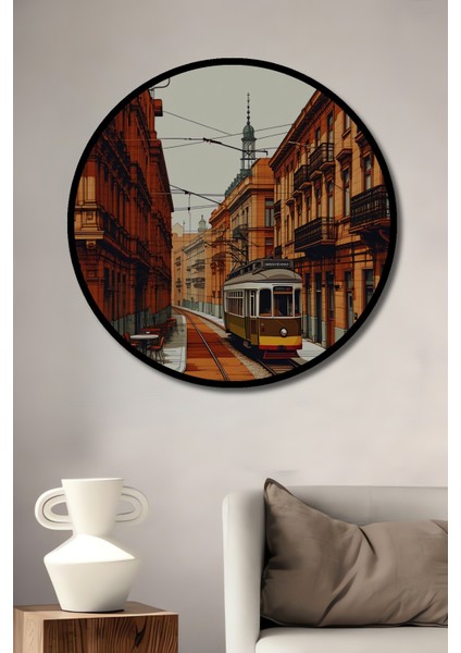Çerçeve Görünümlü Lizbon Nostaljisi Kara Kalem Görünümlü Dekoratif Ahşap Işyeri/ofis Yuvarlak Tablo