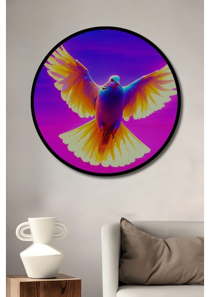 Çerçeve Görünümlü Neon Renklerde Özgürlük Güvercini Yağlı Boya Görünümlü Dekoratif Ahşap Ofis Tablo