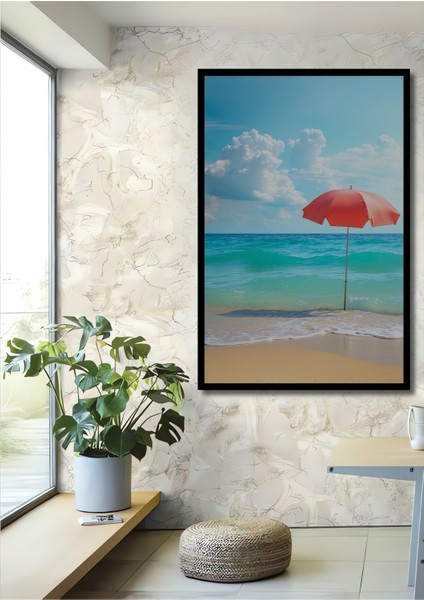 Çerçeve Görünümlü Turkuaz Deniz ve Şemsiye Rüyası Yağlı Boya Görünümlü Ahşap Ofis Kare Tablo