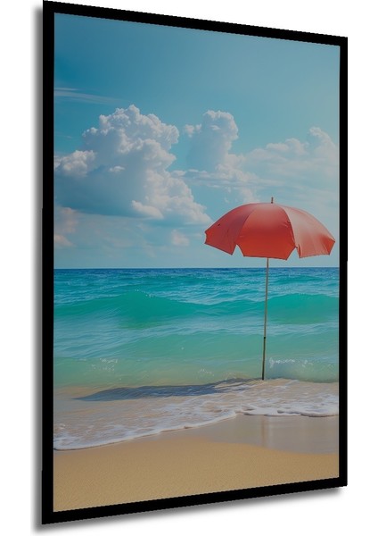 Çerçeve Görünümlü Turkuaz Deniz ve Şemsiye Rüyası Yağlı Boya Görünümlü Ahşap Ofis Kare Tablo modelleri