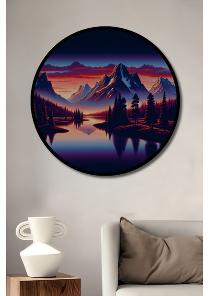 Çerçeve Görünümlü Mor Dağlar ve Gökyüzü Yağlı Boya Görünümlü Dekoratif Ahşap Ofis Yuvarlak Tablo