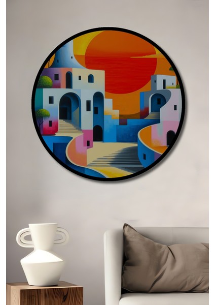 Çerçeve Görünümlü Akdeniz Rüyası Yağlı Boya Görünümlü Dekoratif Ahşap Ev/işyeri/ofis Yuvarlak Tablo