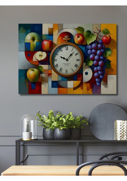 Elma Üzüm Saat Yağlı Boya Görünümlü Modern Sanat Dekoratif Ahşap Ev/işyeri/ofis Kare Tablo