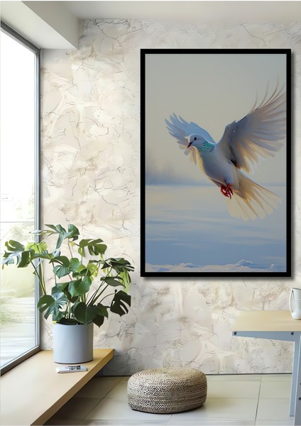 Çerçeve Görünümlü Beyaz Güvercin Yağlı Boya Görünümlü Dekoratif Ahşap Ev/işyeri/ofis Kare Tablo