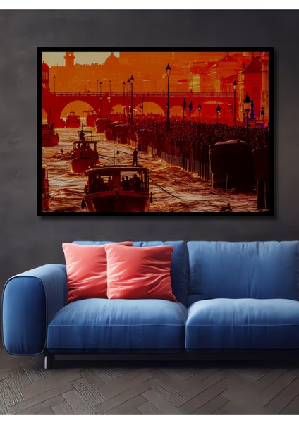Çerçeve Görünümlü Kızıl Nehirde Tekne Gezisi Yağlı Boya Görünümlü Dekoratif Ahşap Ofis Kare Tablo