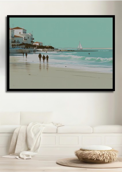 Çerçeve Görünümlü Deniz Kenarı Pastel Boya Görünümlü Dekoratif Ahşap Ev/işyeri/ofis Kare Tablo