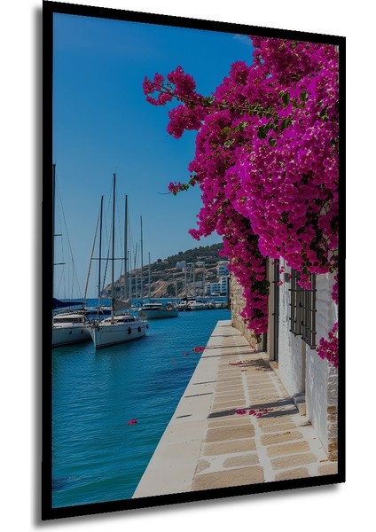 Çerçeve Görünümlü Ege Sahili Begonvil Rüyası Yağlı Boya Görünümlü Dekoratif Ahşap Ofis Kare Tablo modelleri