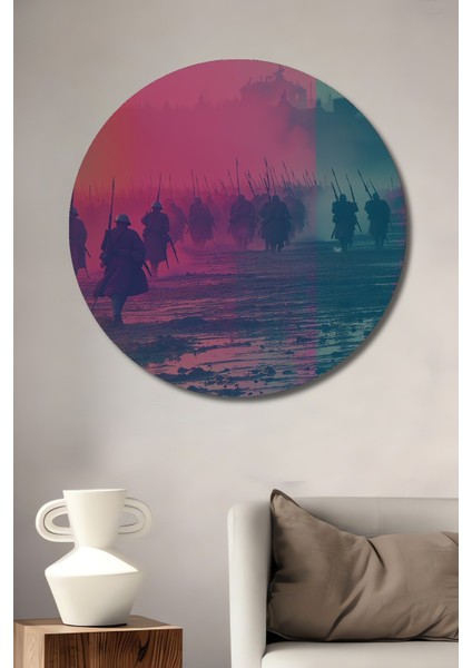 Savaş Alanında Pastel Boya Görünümlü Askerler Ev/işyeri/ofis Dekoratif Ahşap Yuvarlak Tablosu