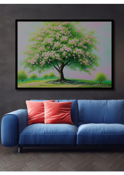 Çerçeve Görünümlü Pembe Çiçek Açan Ağaç Yağlı Boya Görünümlü Dekoratif Ahşap Işyeri/ofis Kare Tablo