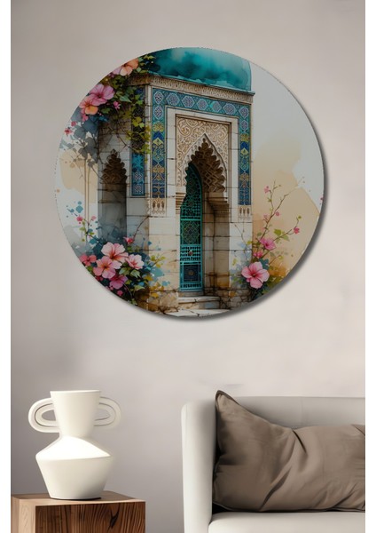 Çiçekli Türbe Sulu Boya Görünümlü Dekoratif Ahşap Ev/işyeri/ofis Yuvarlak Tablo