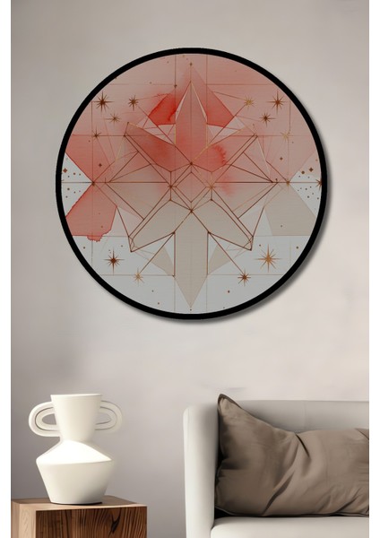 Çerçeve Görünümlü Kızıl Yıldız Geometrik Sulu Boya Görünümlü Dekoratif Ahşap Ofis Yuvarlak Tablo