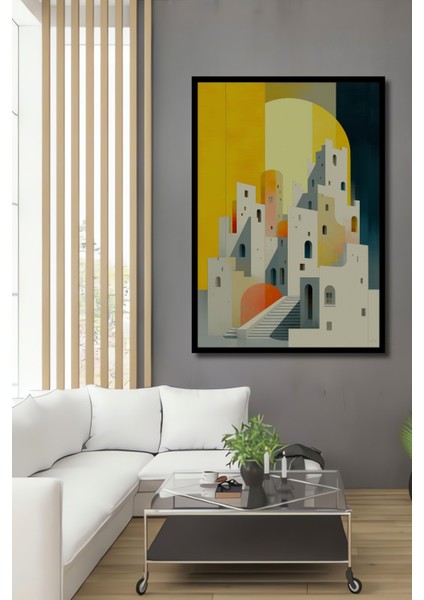 Çerçeve Görünümlü Minimalist Akdeniz Kasabası Yağlı Boya Görünümlü Dekoratif Ahşap Ofis Kare Tablo