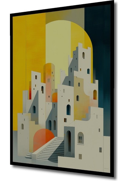 Çerçeve Görünümlü Minimalist Akdeniz Kasabası Yağlı Boya Görünümlü Dekoratif Ahşap Ofis Kare Tablo fiyatları