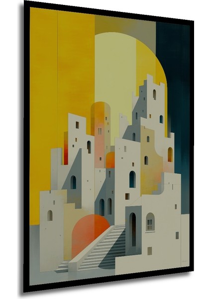 Çerçeve Görünümlü Minimalist Akdeniz Kasabası Yağlı Boya Görünümlü Dekoratif Ahşap Ofis Kare Tablo modelleri