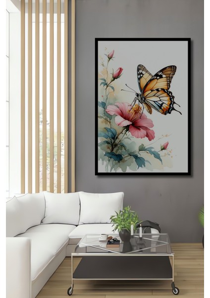 Çerçeve Görünümlü Sulu Boya Görünümlü Kelebek ve Pembe Çiçek Bahçesi Ahşap Ofis Kare Tablo