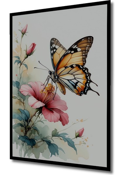 Çerçeve Görünümlü Sulu Boya Görünümlü Kelebek ve Pembe Çiçek Bahçesi Ahşap Ofis Kare Tablo fiyatları