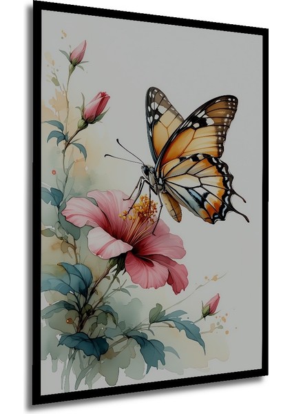 Çerçeve Görünümlü Sulu Boya Görünümlü Kelebek ve Pembe Çiçek Bahçesi Ahşap Ofis Kare Tablo modelleri