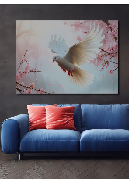 Beyaz Güvercin ve Kiraz Çiçekleri Yağlı Boya Görünümlü Ev/işyeri/ofis Dekoratif Ahşap Kare Tablo