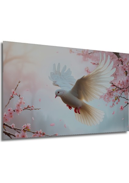 Beyaz Güvercin ve Kiraz Çiçekleri Yağlı Boya Görünümlü Ev/işyeri/ofis Dekoratif Ahşap Kare Tablo modelleri