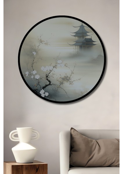 Çerçeve Görünümlü Sakura Çiçekleri ve Pagoda Sulu Boya Görünümlü Ahşap Ofis Tablo