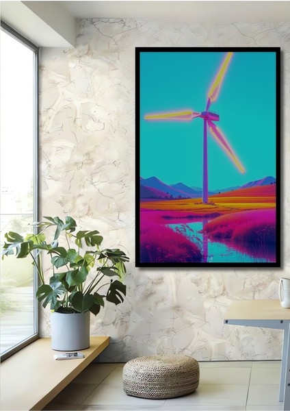 Çerçeve Görünümlü Neon Rüzgar Gülü Pastel Boya Görünümlü Dekoratif Ahşap Ev/işyeri/ofis Kare Tablo