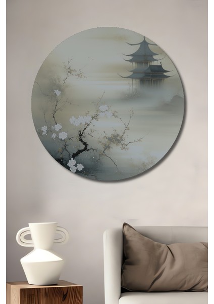 Sakura Çiçekleri ve Pagoda Sulu Boya Görünümlü Dekoratif Ahşap Dekoratif Ev/işyeri/ofis Tablo