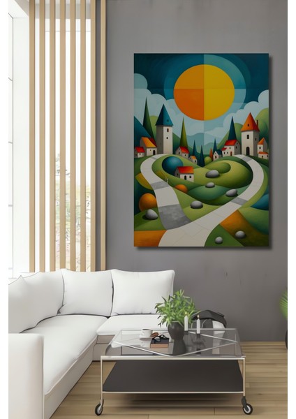 Köy Manzaralı Geometrik Modern Sanat Yağlı Boya Görünümlü Ev/işyeri/ofis Dekoratif Ahşap Kare Tablo