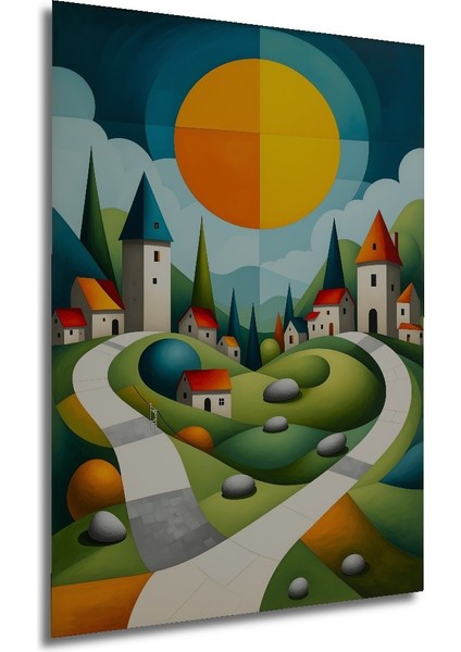 Köy Manzaralı Geometrik Modern Sanat Yağlı Boya Görünümlü Ev/işyeri/ofis Dekoratif Ahşap Kare Tablo modelleri