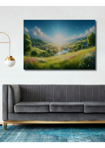 Güneşli Kır Manzarası Yağlı Boya Görünümlü Dekoratif Ahşap Ev/işyeri/ofis Kare Tablo