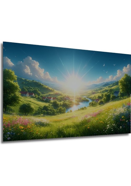 Güneşli Kır Manzarası Yağlı Boya Görünümlü Dekoratif Ahşap Ev/işyeri/ofis Kare Tablo modelleri