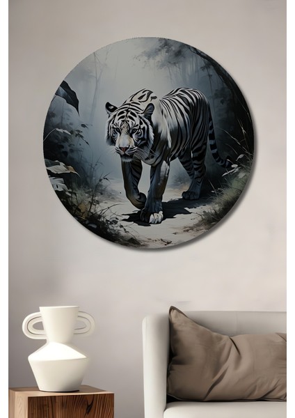Beyaz Bengal Kaplanı Yağlı Boya Görünümlü Dekoratif Ahşap Ev/işyeri/ofis Yuvarlak Tablo