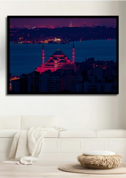 Çerçeve Görünümlü Istanbul Kızıl Cami Rüya Manzarası Yağlı Boya Görünümlü Ahşap Ofis Kare Tablo