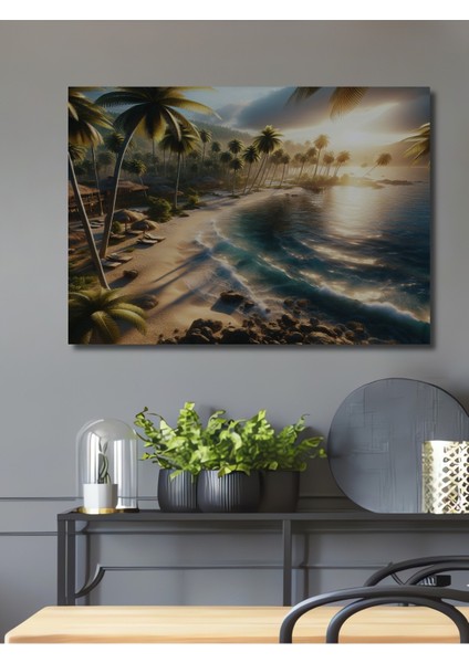 Tropikal Ada Sahili Yağlı Boya Görünümlü Dekoratif Ahşap Ev/işyeri/ofis Kare Tablo