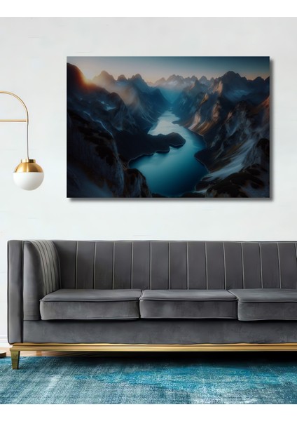 Muhteşem Dağlar ve Göller Manzarası Yağlı Boya Görünümlü Dekoratif Ahşap Ev/işyeri/ofis Kare Tablo