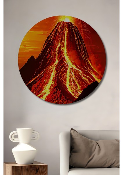 Alevler Içinde Volkan Dağı Yağlı Boya Görünümlü Dekoratif Ahşap Ev/işyeri/ofis Yuvarlak Tablo