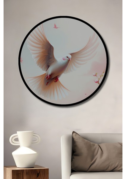 Çerçeve Görünümlü Uçan Beyaz Güvercin Yağlı Boya Görünümlü Dekoratif Ahşap Ofis Yuvarlak Tablo