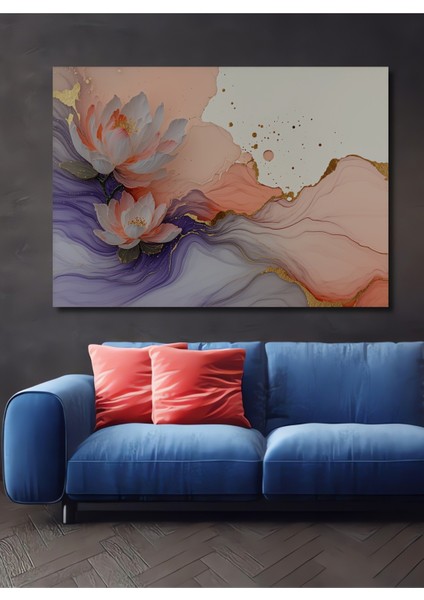 Altın Dokunuşlu Lotus Çiçeği Sulu Boya Görünümlü Dekoratif Ahşap Ev/işyeri/ofis Kare Tablo