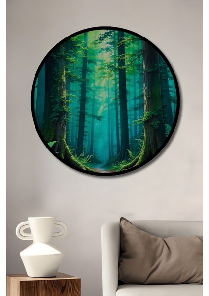 Çerçeve Görünümlü Yeşil Orman Rüyası Yağlı Boya Görünümlü Dekoratif Ahşap Ofis Yuvarlak Tablo