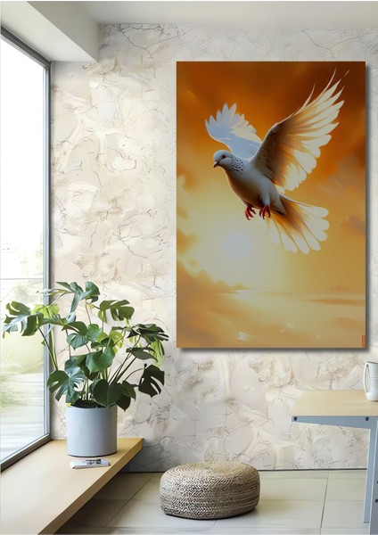 Altın Kanatlı Güvercin Yağlı Boya Görünümlü Ev/işyeri/ofis Dekoratif Ahşap Kare Tablo