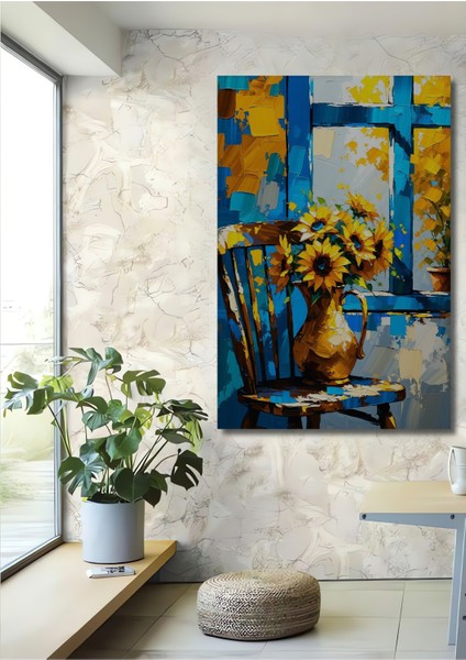 Mavi Pencere Önünde Ayçiçekleri Yağlı Boya Görünümlü Dekoratif Ahşap Ev/işyeri/ofis Kare Tablo