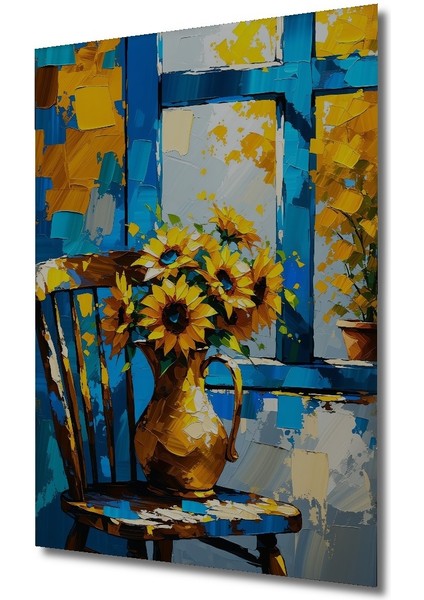 Mavi Pencere Önünde Ayçiçekleri Yağlı Boya Görünümlü Dekoratif Ahşap Ev/işyeri/ofis Kare Tablo fiyatları