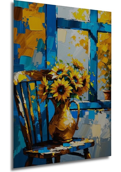 Mavi Pencere Önünde Ayçiçekleri Yağlı Boya Görünümlü Dekoratif Ahşap Ev/işyeri/ofis Kare Tablo modelleri