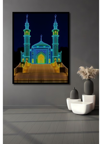 Çerçeve Görünümlü Neon Işıltılı Cami Minareleri Modern Sanat Işyeri/ofis Dekoratif Ahşap Kare Tablo