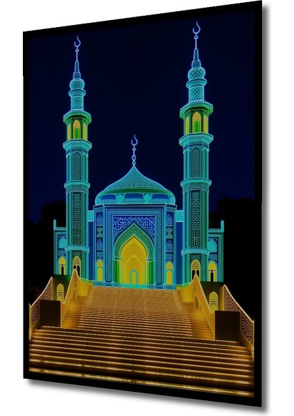 Çerçeve Görünümlü Neon Işıltılı Cami Minareleri Modern Sanat Işyeri/ofis Dekoratif Ahşap Kare Tablo fiyatları