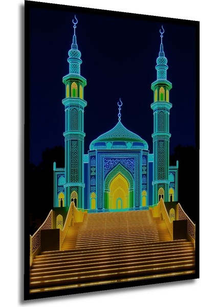 Çerçeve Görünümlü Neon Işıltılı Cami Minareleri Modern Sanat Işyeri/ofis Dekoratif Ahşap Kare Tablo modelleri